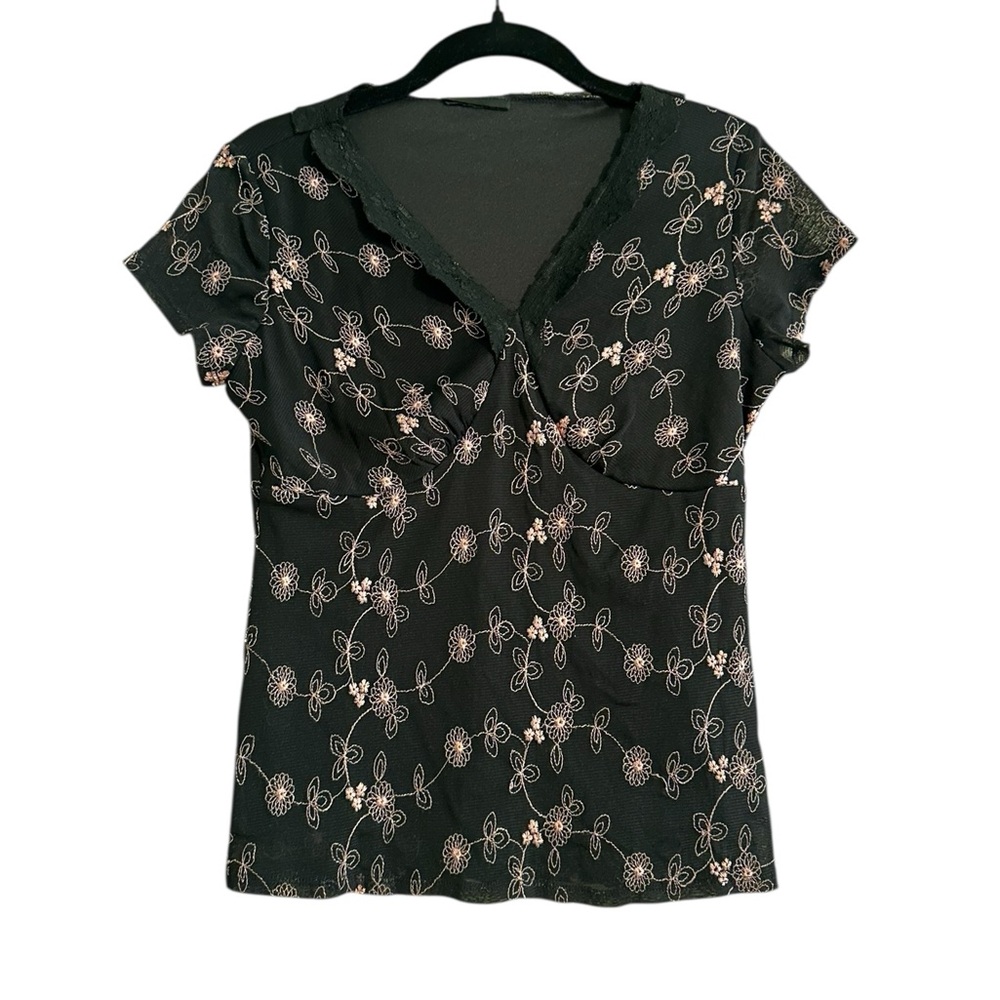 Black Mesh Pink Floral Embroidery Y2K Top Fairy Whimsigoth Dark Romance
